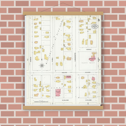 Old map wall art mockup — magnetic wood frame on brick wall — Sanborn Fire Insurance Map from Owosso, Shiawassee County, Michigan (1900), Sheet #0003