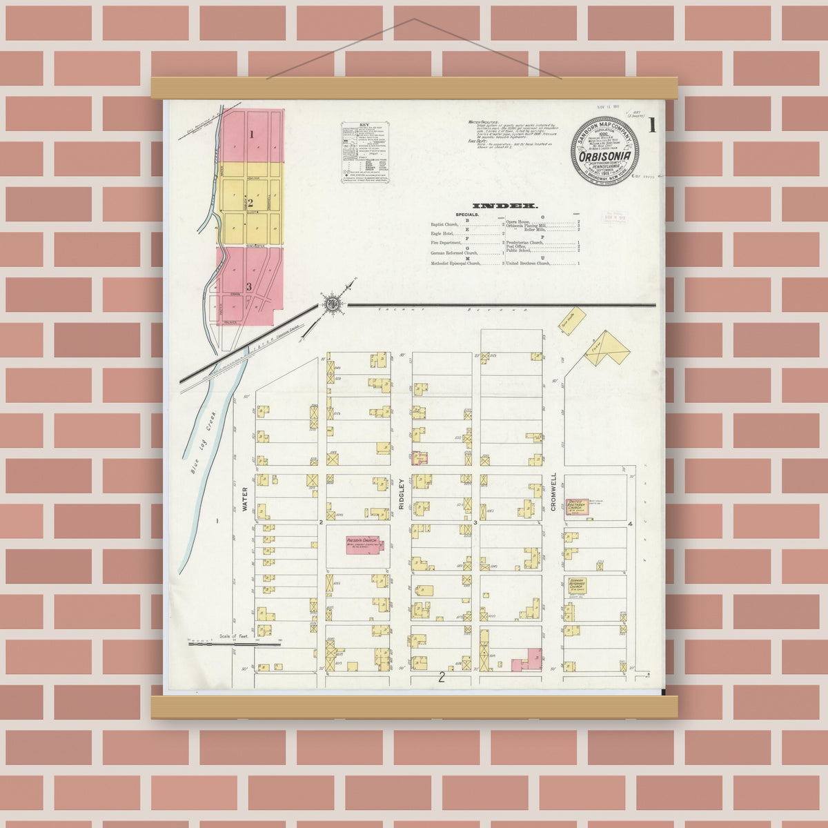 Old map wall art mockup — magnetic wood frame on brick wall — Sanborn Fire Insurance Map from Orbisonia, Huntingdon County, Pennsylvania (1911) - Complete Map Set