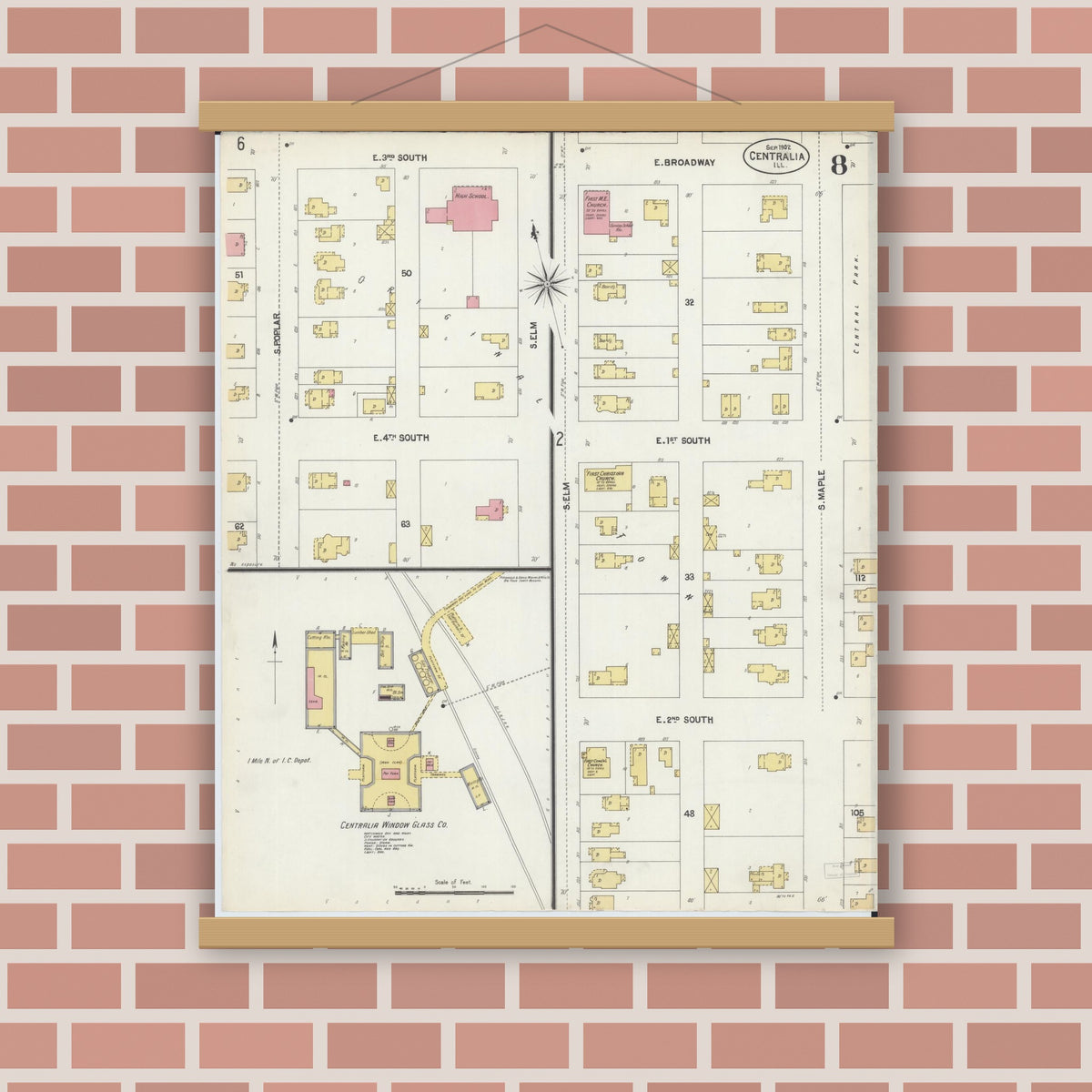 Old map wall art mockup — magnetic wood frame on brick wall — Sanborn Fire Insurance Map from Centralia, Marion, Clinton, Jefferson, and Washington Counties, Illinois (1902), Sheet #0008