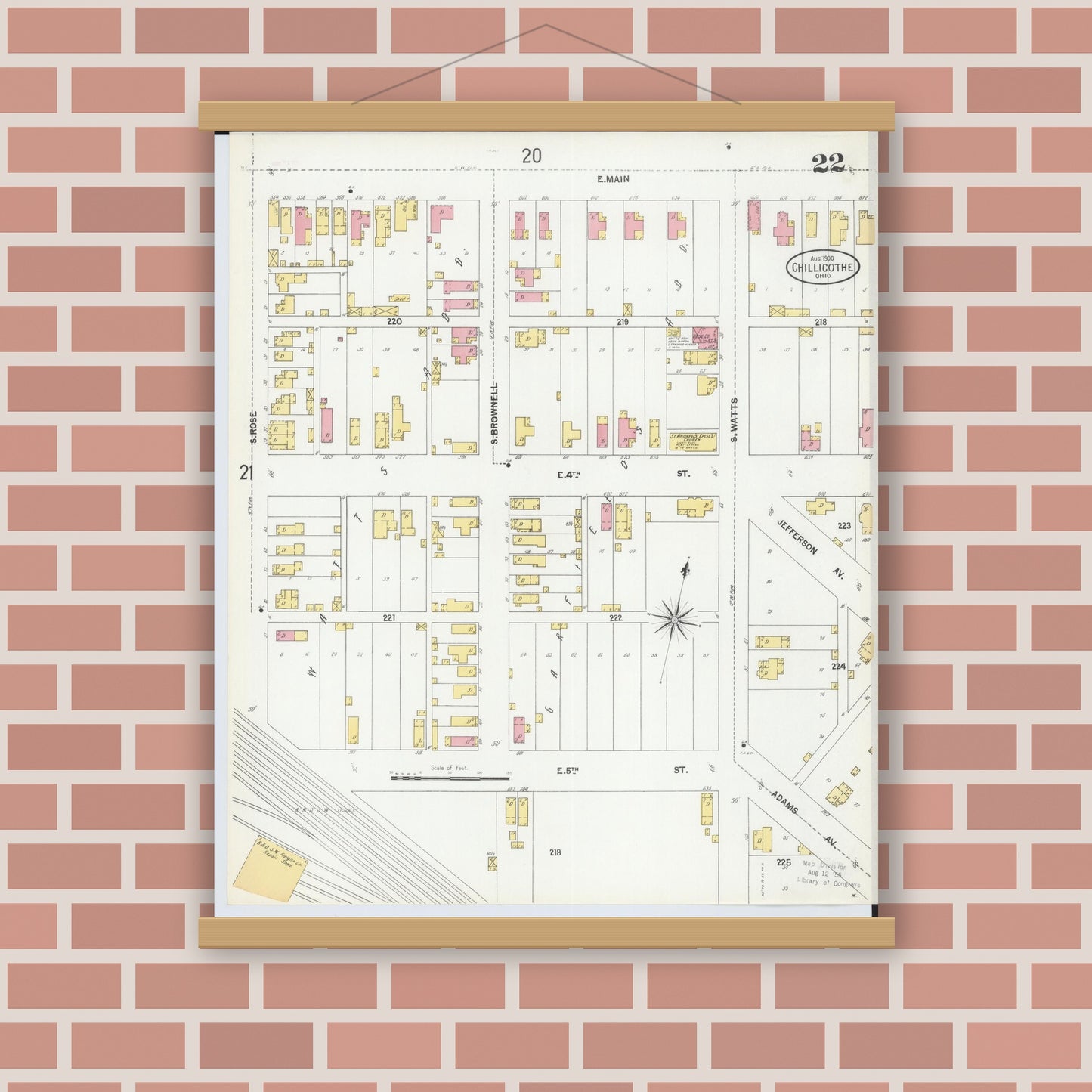 Old map wall art mockup — magnetic wood frame on brick wall — Sanborn Fire Insurance Map from Chillicothe, Ross County, Ohio (1900), Sheet #0022