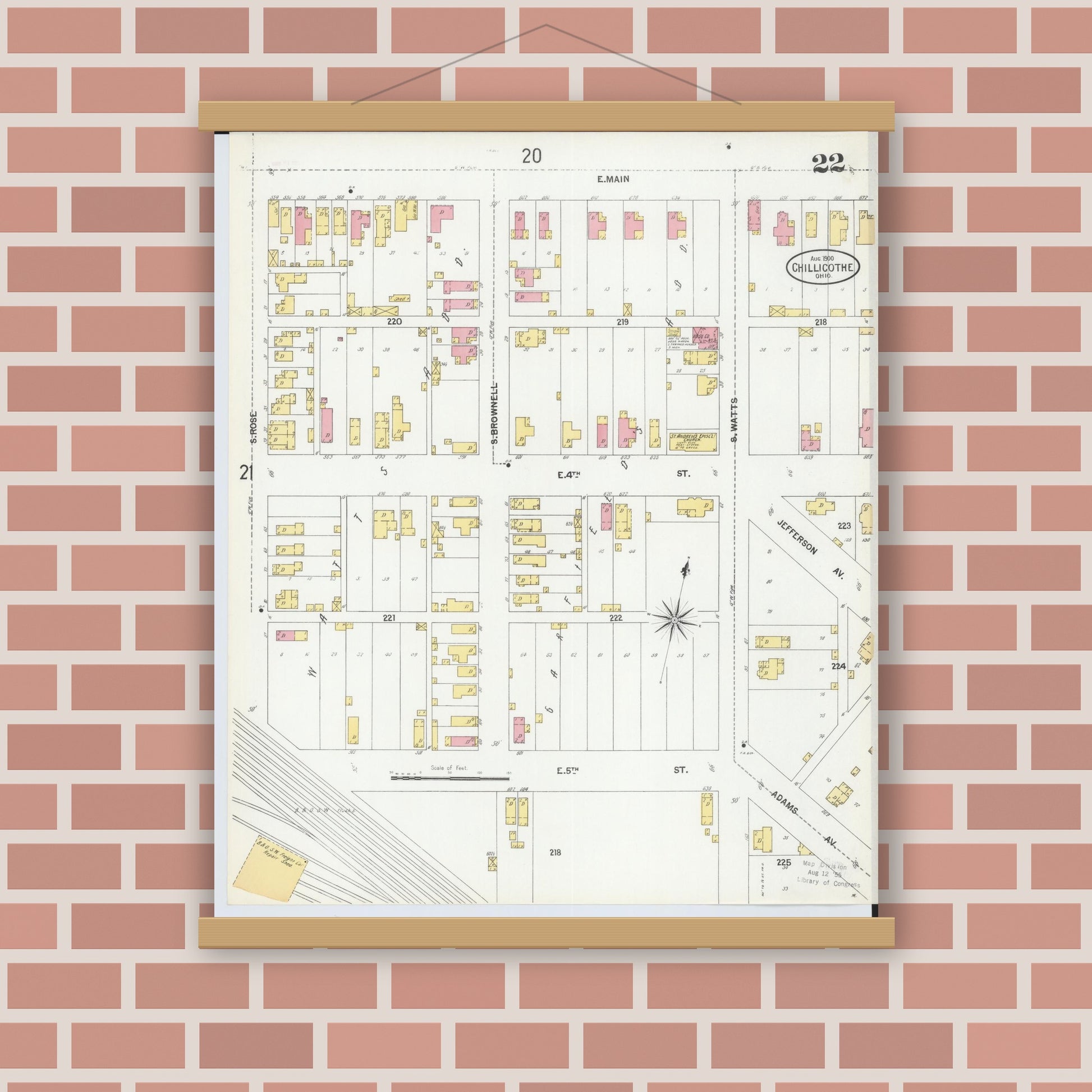 Old map wall art mockup — magnetic wood frame on brick wall — Sanborn Fire Insurance Map from Chillicothe, Ross County, Ohio (1900), Sheet #0022