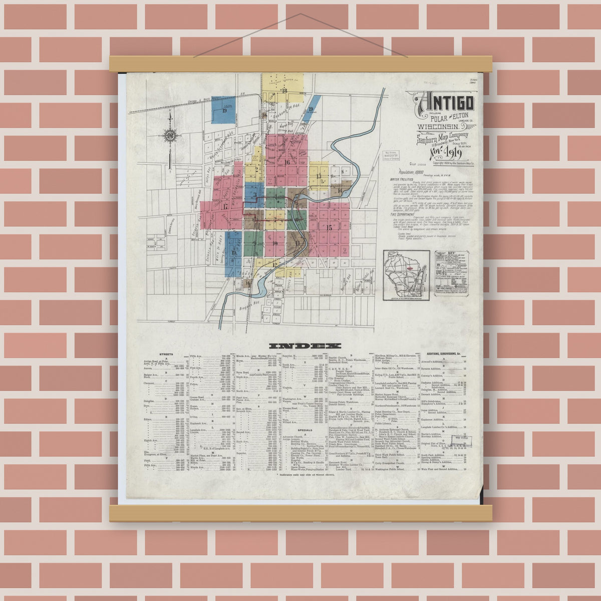 Old map wall art mockup — magnetic wood frame on brick wall — Sanborn Fire Insurance Map from Antigo, Langlade County, Wisconsin (1919) - Complete Map Set