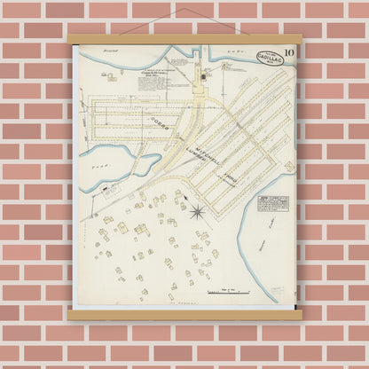 Old map wall art mockup — magnetic wood frame on brick wall — Sanborn Fire Insurance Map from Cadillac, Wexford County, Michigan (1884), Sheet #0010