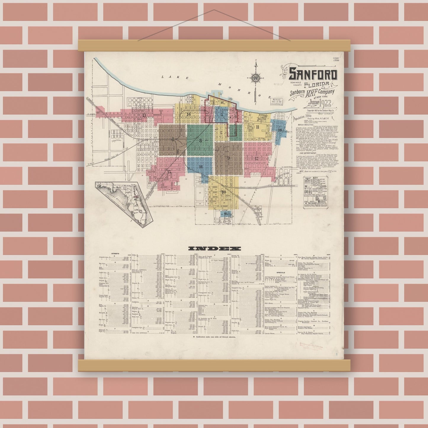 Old map wall art mockup — magnetic wood frame on brick wall — Sanborn Fire Insurance Map from Sanford, Seminole County, Florida (1922) - Complete Map Set