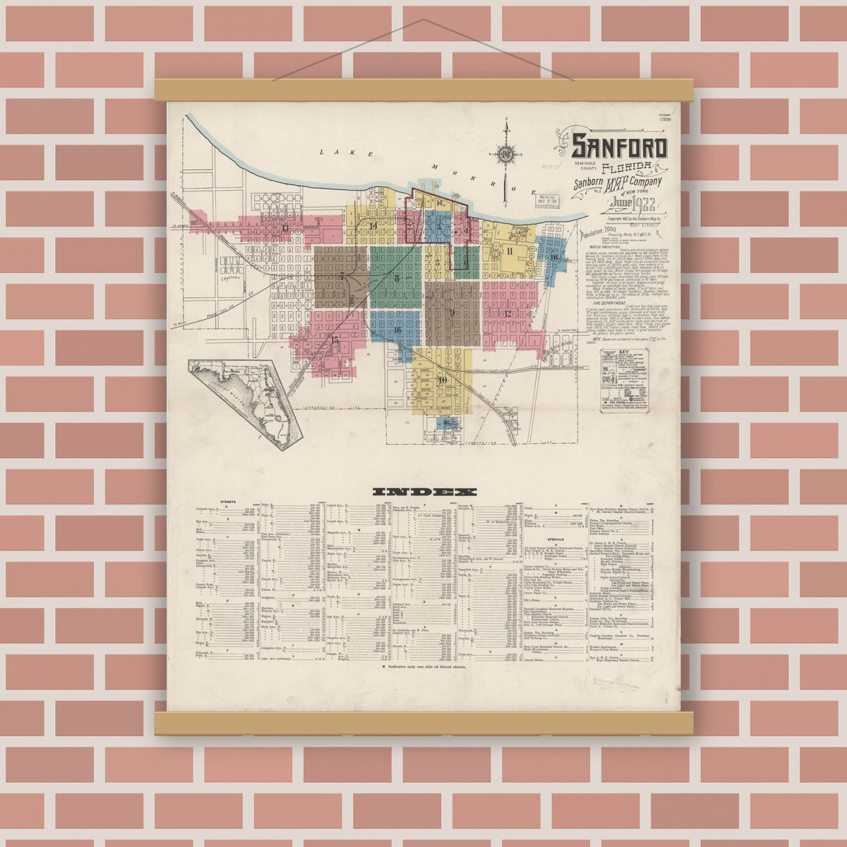 Old map wall art mockup — magnetic wood frame on brick wall — Sanborn Fire Insurance Map from Sanford, Seminole County, Florida (1922) - Complete Map Set