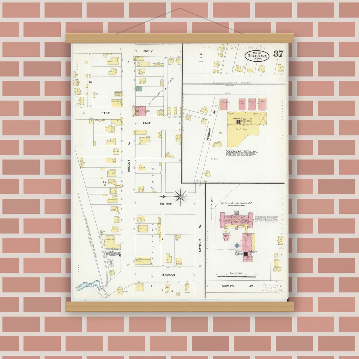 Old map wall art mockup — magnetic wood frame on brick wall — Sanborn Fire Insurance Map from Texarkana, Bowie County, Texas (1909), Sheet #0037