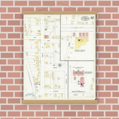 Old map wall art mockup — magnetic wood frame on brick wall — Sanborn Fire Insurance Map from Texarkana, Bowie County, Texas (1909), Sheet #0037