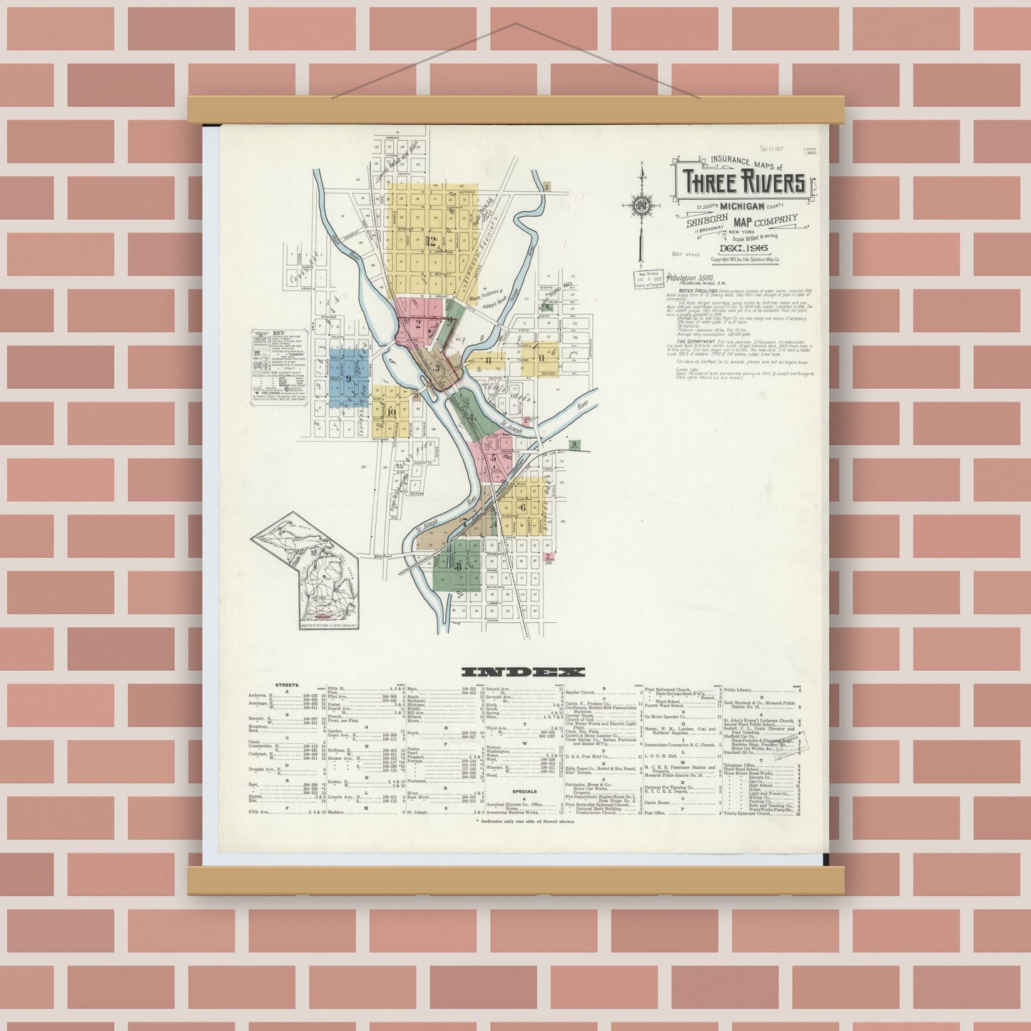 Old map wall art mockup — magnetic wood frame on brick wall — Sanborn Fire Insurance Map from Three Rivers, Saint Joseph County, Michigan (1916) - Complete Map Set