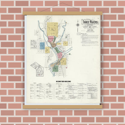 Old map wall art mockup — magnetic wood frame on brick wall — Sanborn Fire Insurance Map from Three Rivers, Saint Joseph County, Michigan (1916) - Complete Map Set