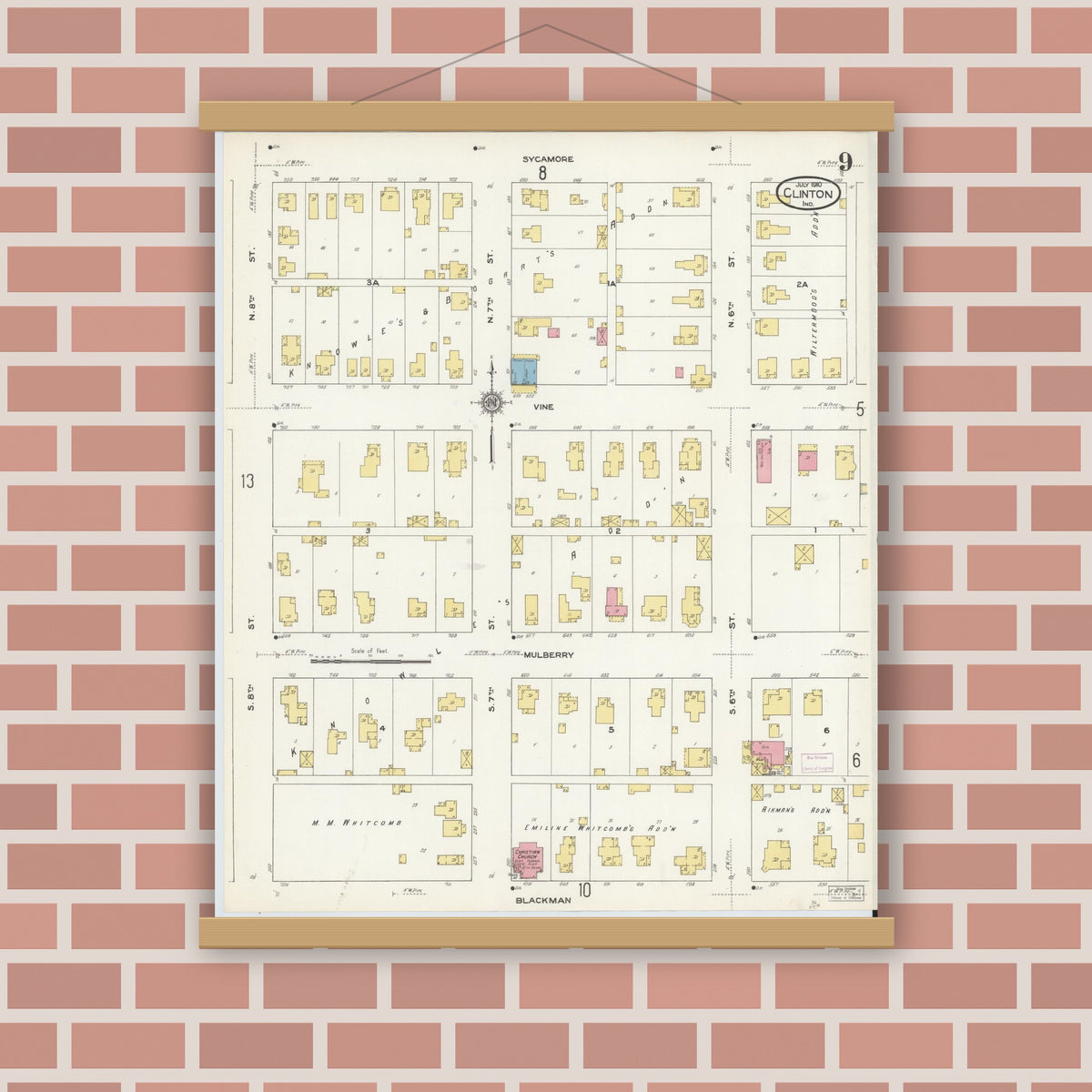 Old map wall art mockup — magnetic wood frame on brick wall — Sanborn Fire Insurance Map from Clinton, Vermillion County, Indiana (1910), Sheet #0009