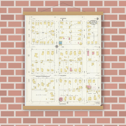 Old map wall art mockup — magnetic wood frame on brick wall — Sanborn Fire Insurance Map from Clinton, Vermillion County, Indiana (1910), Sheet #0009