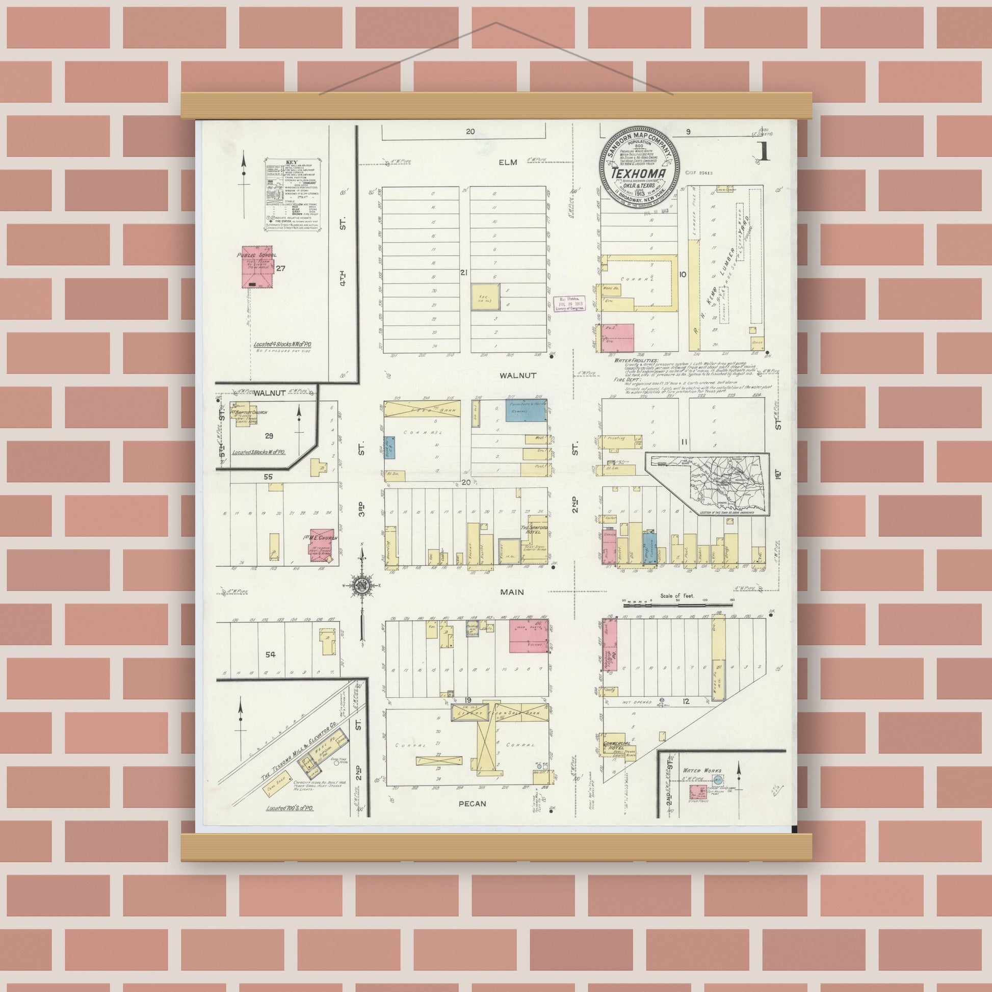 Old map wall art mockup — magnetic wood frame on brick wall — Sanborn Fire Insurance Map from Texhoma, Texas County, Oklahoma and Sherman County, Texas, Oklahoma (1913) - Complete Map Set