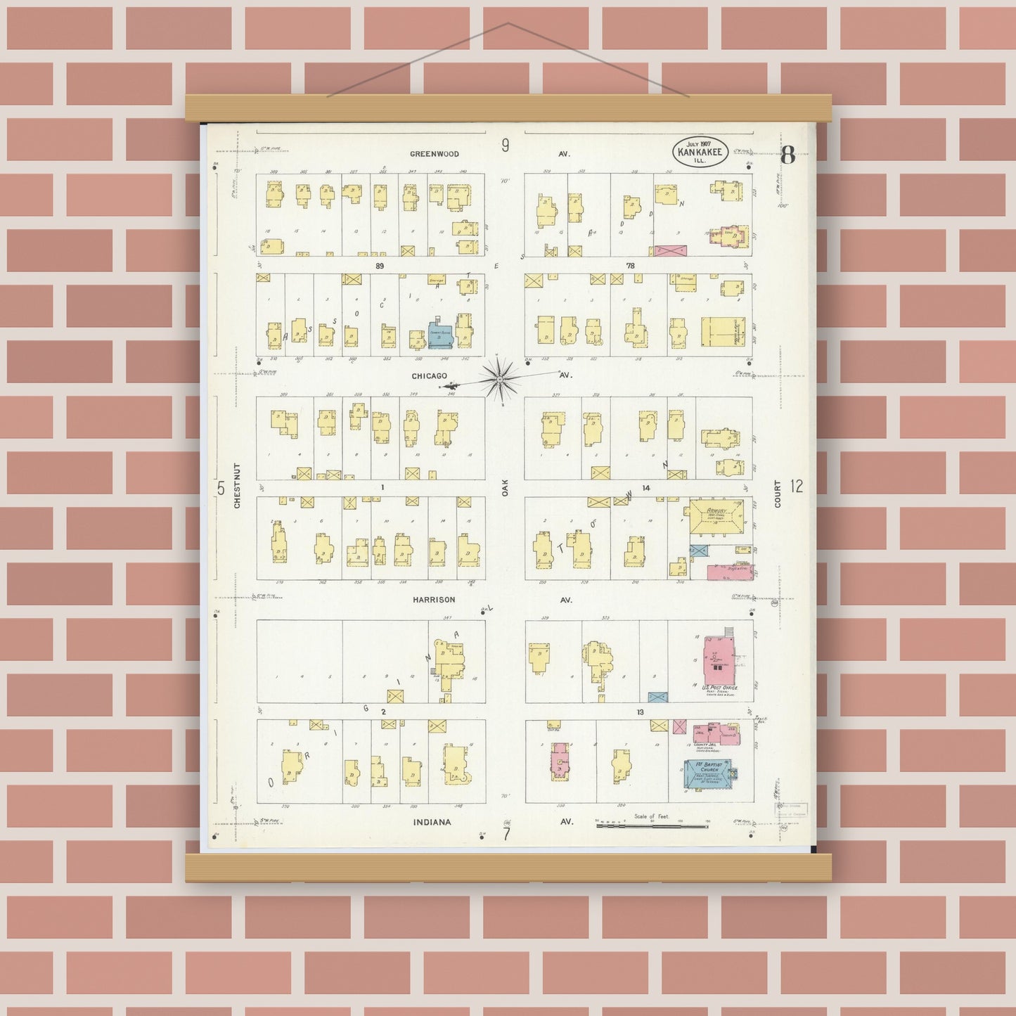 Old map wall art mockup — magnetic wood frame on brick wall — Sanborn Fire Insurance Map from Kankakee, Kankakee County, Illinois (1907), Sheet #0008