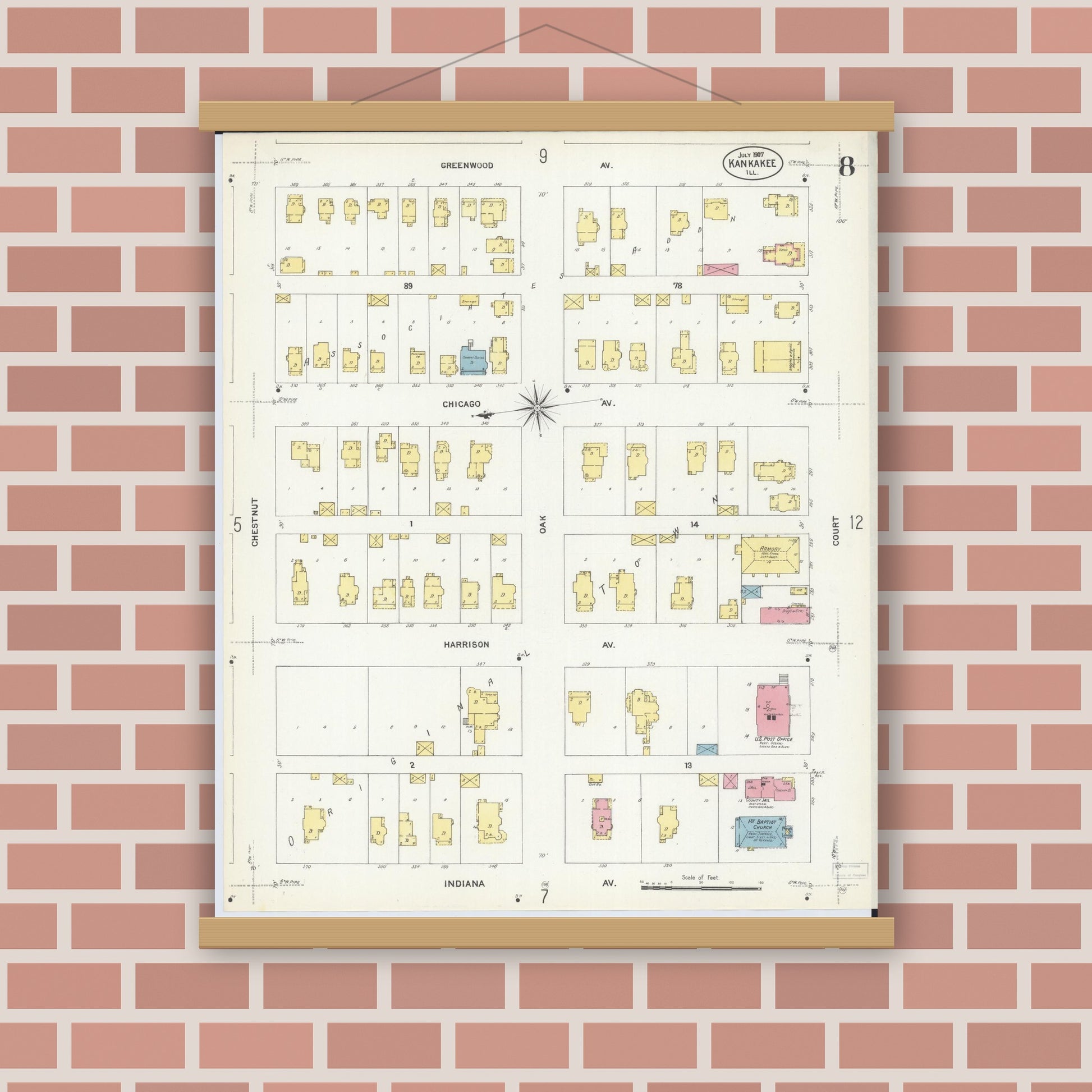 Old map wall art mockup — magnetic wood frame on brick wall — Sanborn Fire Insurance Map from Kankakee, Kankakee County, Illinois (1907), Sheet #0008
