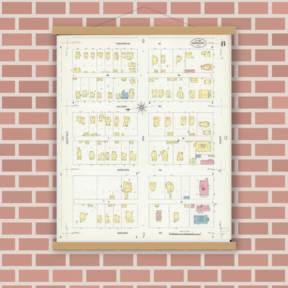 Old map wall art mockup — magnetic wood frame on brick wall — Sanborn Fire Insurance Map from Kankakee, Kankakee County, Illinois (1907), Sheet #0008