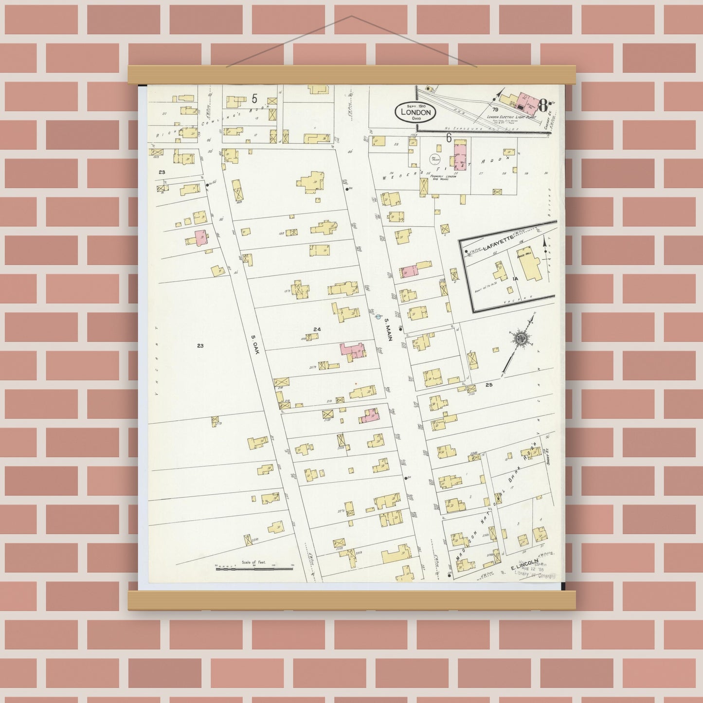 Old map wall art mockup — magnetic wood frame on brick wall — Sanborn Fire Insurance Map from London, Madison County, Ohio (1910), Sheet #0008
