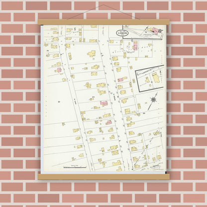 Old map wall art mockup — magnetic wood frame on brick wall — Sanborn Fire Insurance Map from London, Madison County, Ohio (1910), Sheet #0008