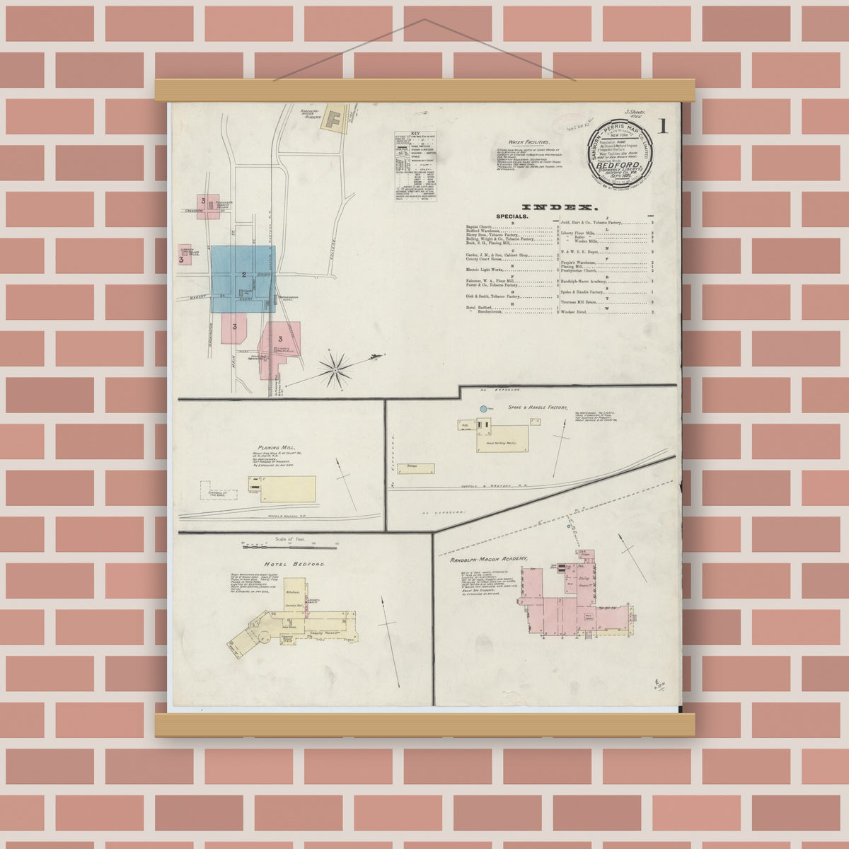 Old map wall art mockup — magnetic wood frame on brick wall — Sanborn Fire Insurance Map from Bedford, Independent Cities, Virginia (1891) - Complete Map Set