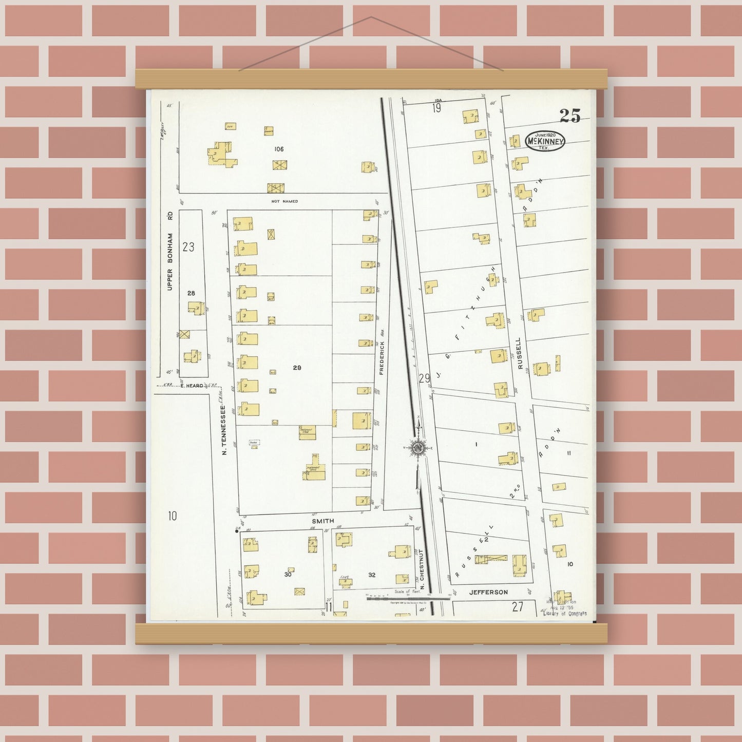Old map wall art mockup — magnetic wood frame on brick wall — Sanborn Fire Insurance Map from McKinney, Collin County, Texas (1920), Sheet #0025