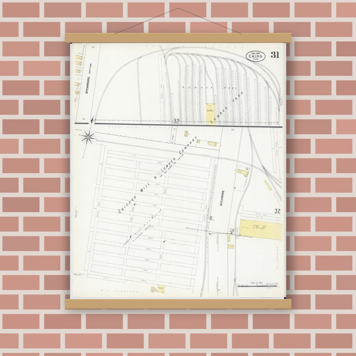 Old map wall art mockup — magnetic wood frame on brick wall — Sanborn Fire Insurance Map from Cairo, Alexander County, Illinois (1907), Sheet #0031