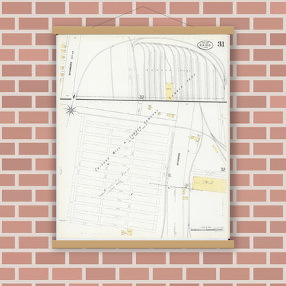 Old map wall art mockup — magnetic wood frame on brick wall — Sanborn Fire Insurance Map from Cairo, Alexander County, Illinois (1907), Sheet #0031