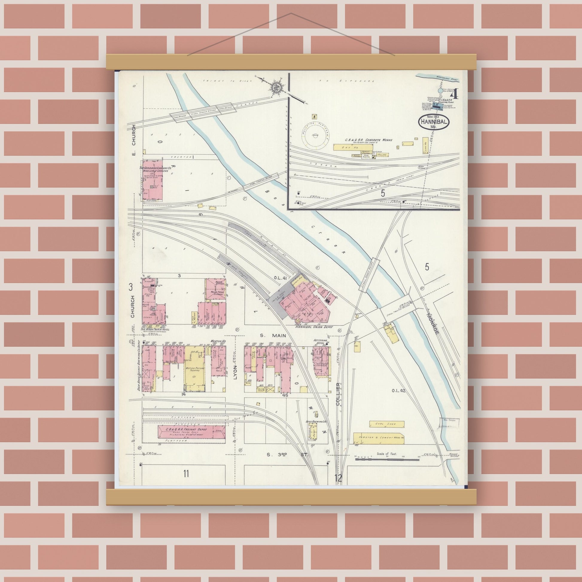 Old map wall art mockup — magnetic wood frame on brick wall — Sanborn Fire Insurance Map from Hannibal, Marion County, Missouri (1913), Sheet #0004