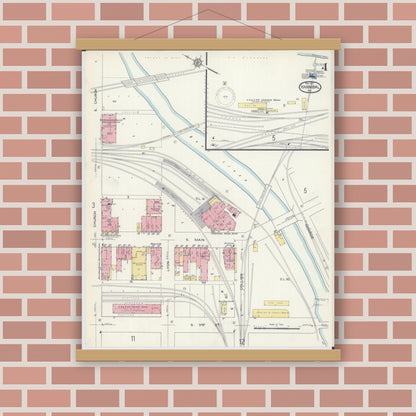 Old map wall art mockup — magnetic wood frame on brick wall — Sanborn Fire Insurance Map from Hannibal, Marion County, Missouri (1913), Sheet #0004
