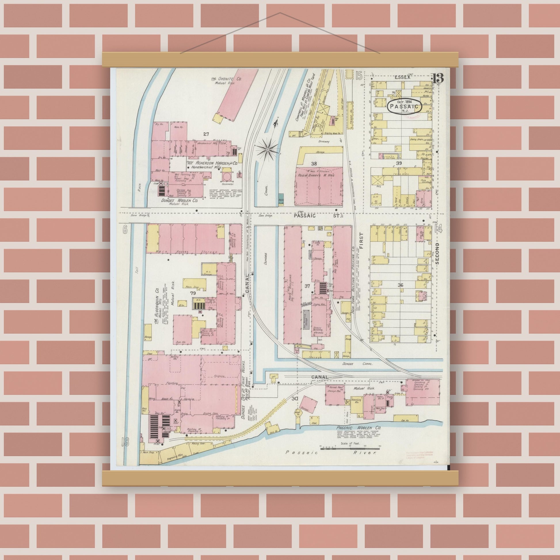 Old map wall art mockup — magnetic wood frame on brick wall — Sanborn Fire Insurance Map from Passaic, Passaic County, New Jersey (1894), Sheet #0013