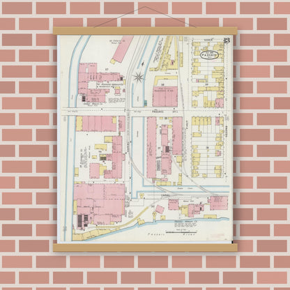 Old map wall art mockup — magnetic wood frame on brick wall — Sanborn Fire Insurance Map from Passaic, Passaic County, New Jersey (1894), Sheet #0013