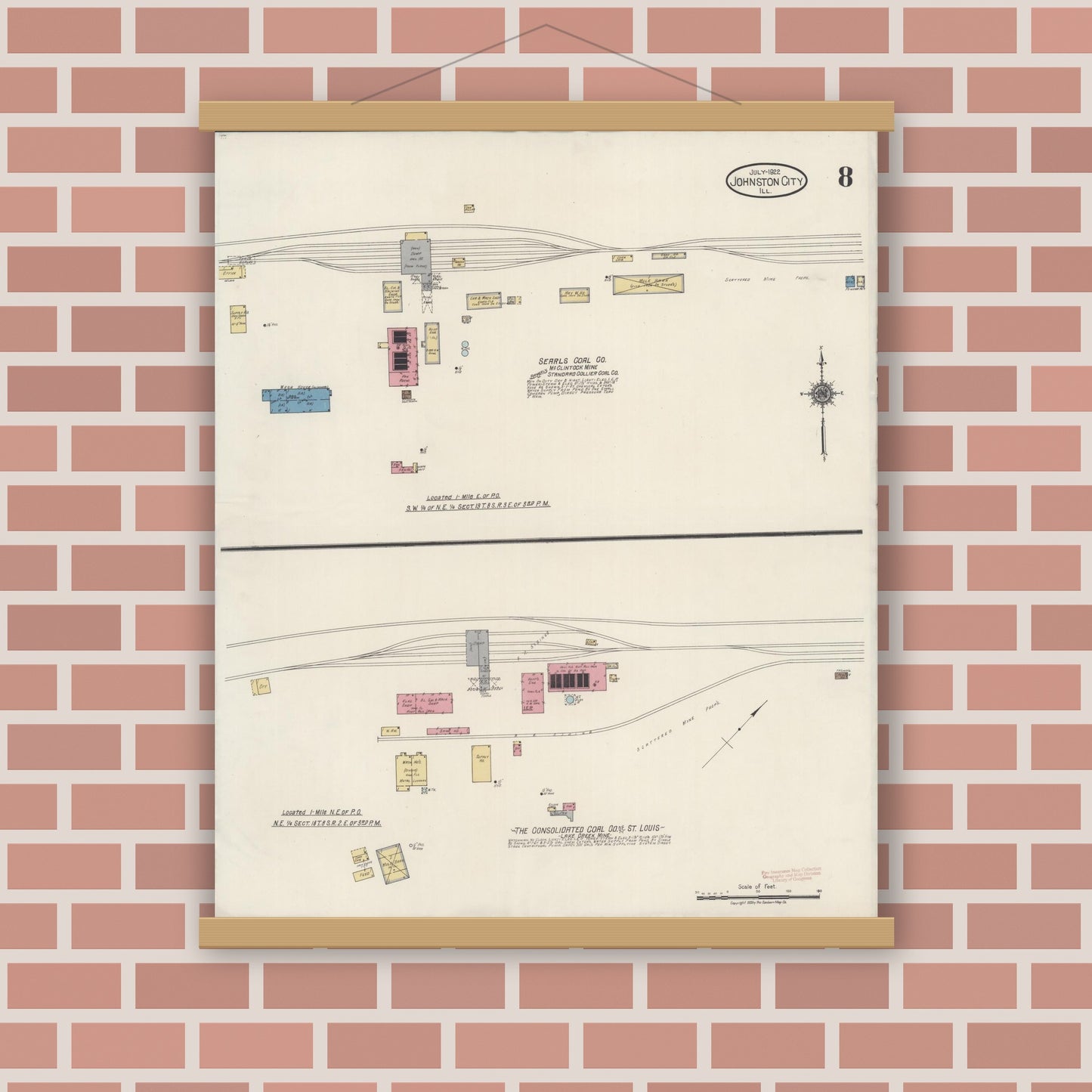 Old map wall art mockup — magnetic wood frame on brick wall — Sanborn Fire Insurance Map from Johnston City, Williamson County, Illinois (1922), Sheet #0008