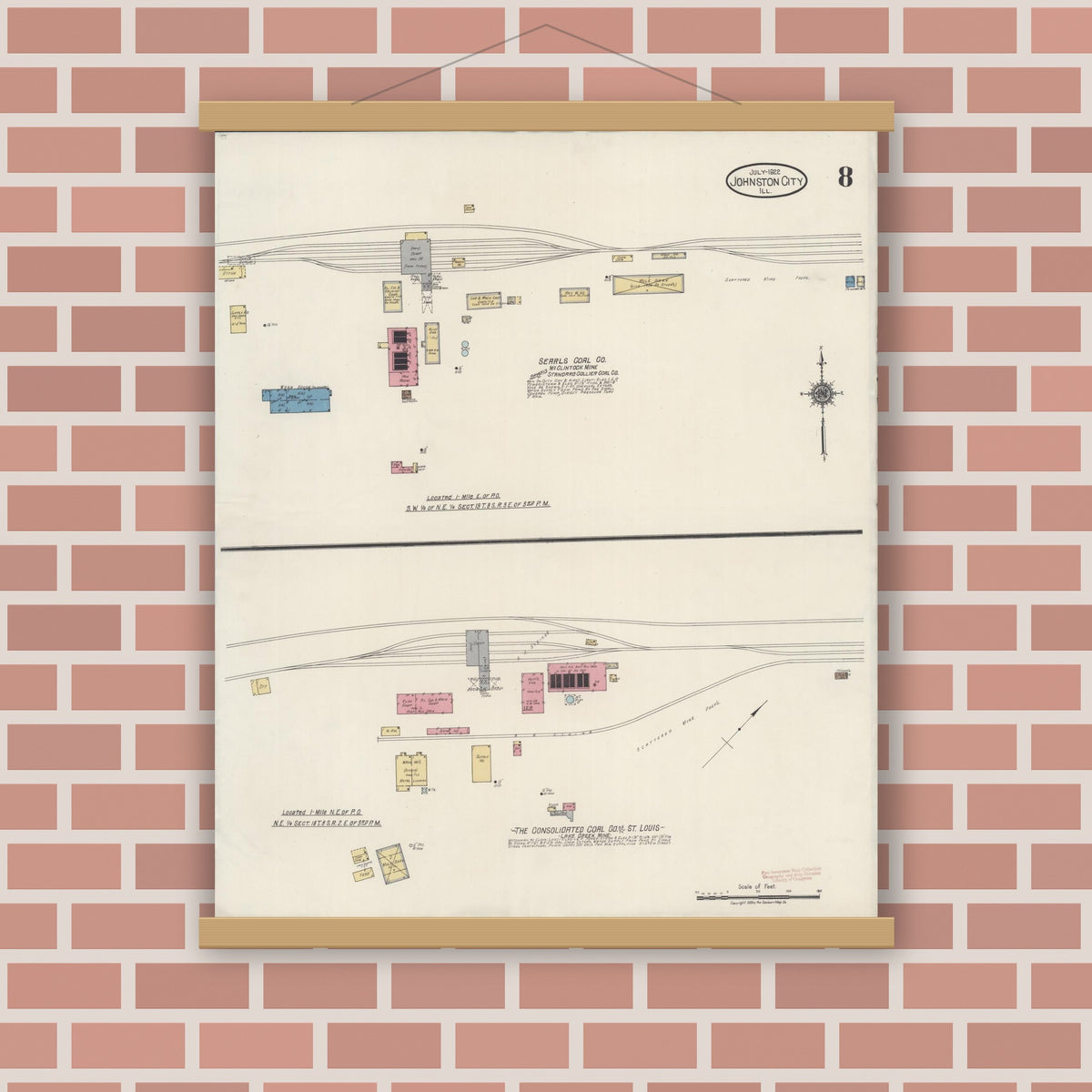 Old map wall art mockup — magnetic wood frame on brick wall — Sanborn Fire Insurance Map from Johnston City, Williamson County, Illinois (1922), Sheet #0008