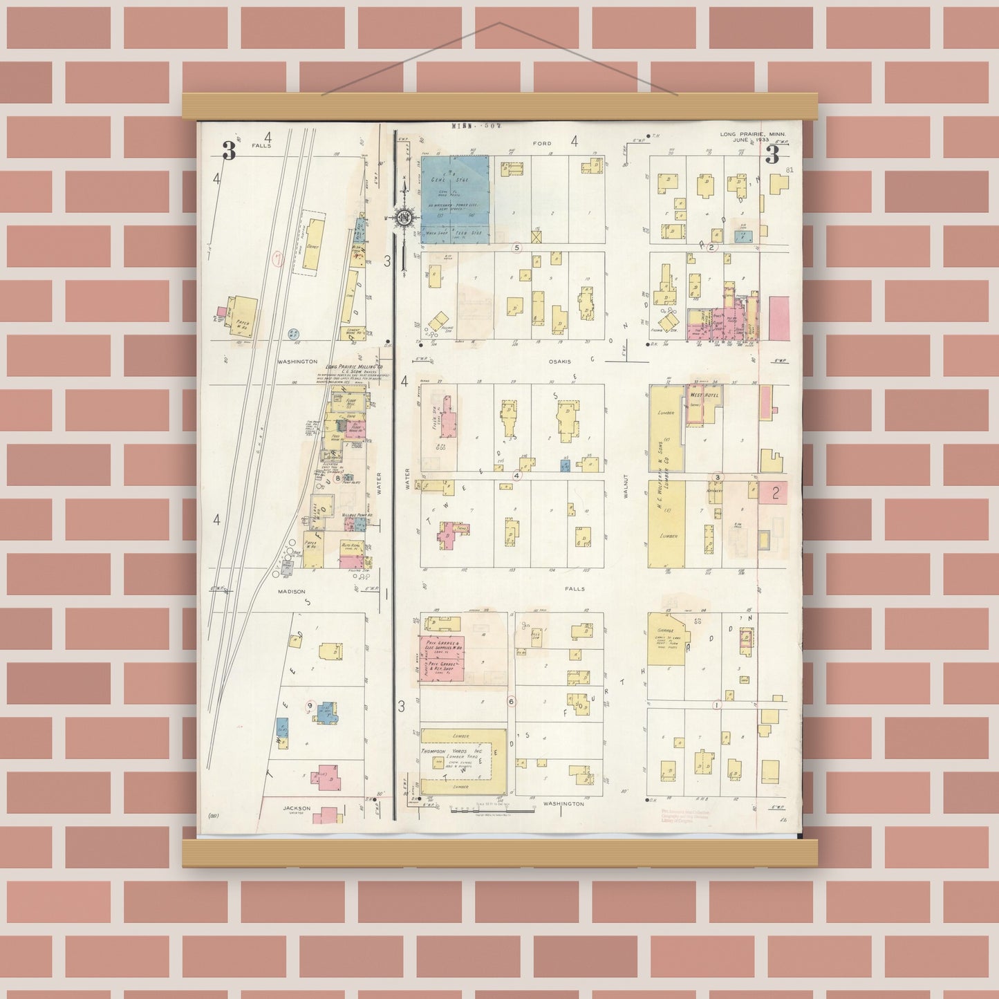 Old map wall art mockup — magnetic wood frame on brick wall — Sanborn Fire Insurance Map from Long Prairie, Todd County, Minnesota (1945), Sheet #0003