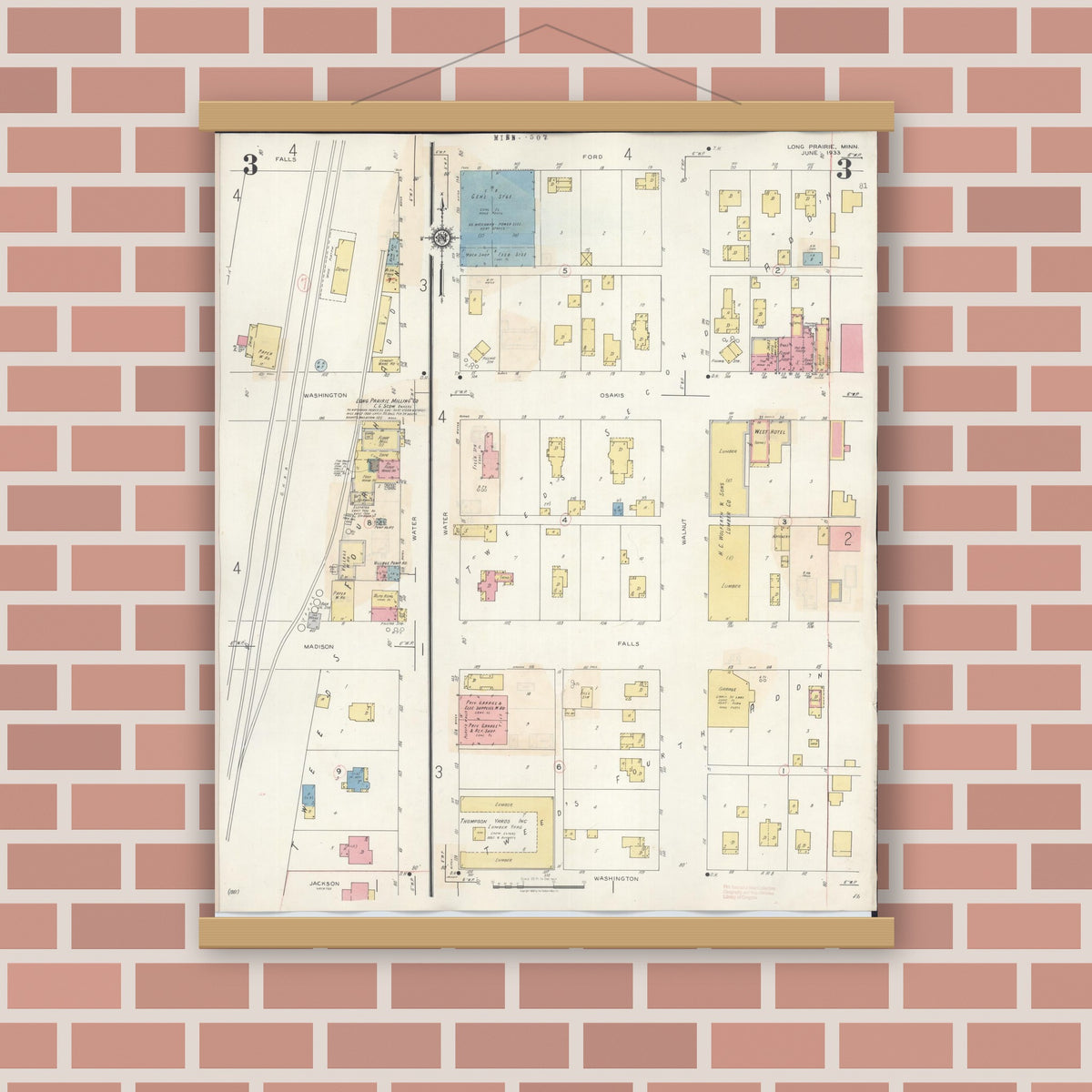 Old map wall art mockup — magnetic wood frame on brick wall — Sanborn Fire Insurance Map from Long Prairie, Todd County, Minnesota (1945), Sheet #0003