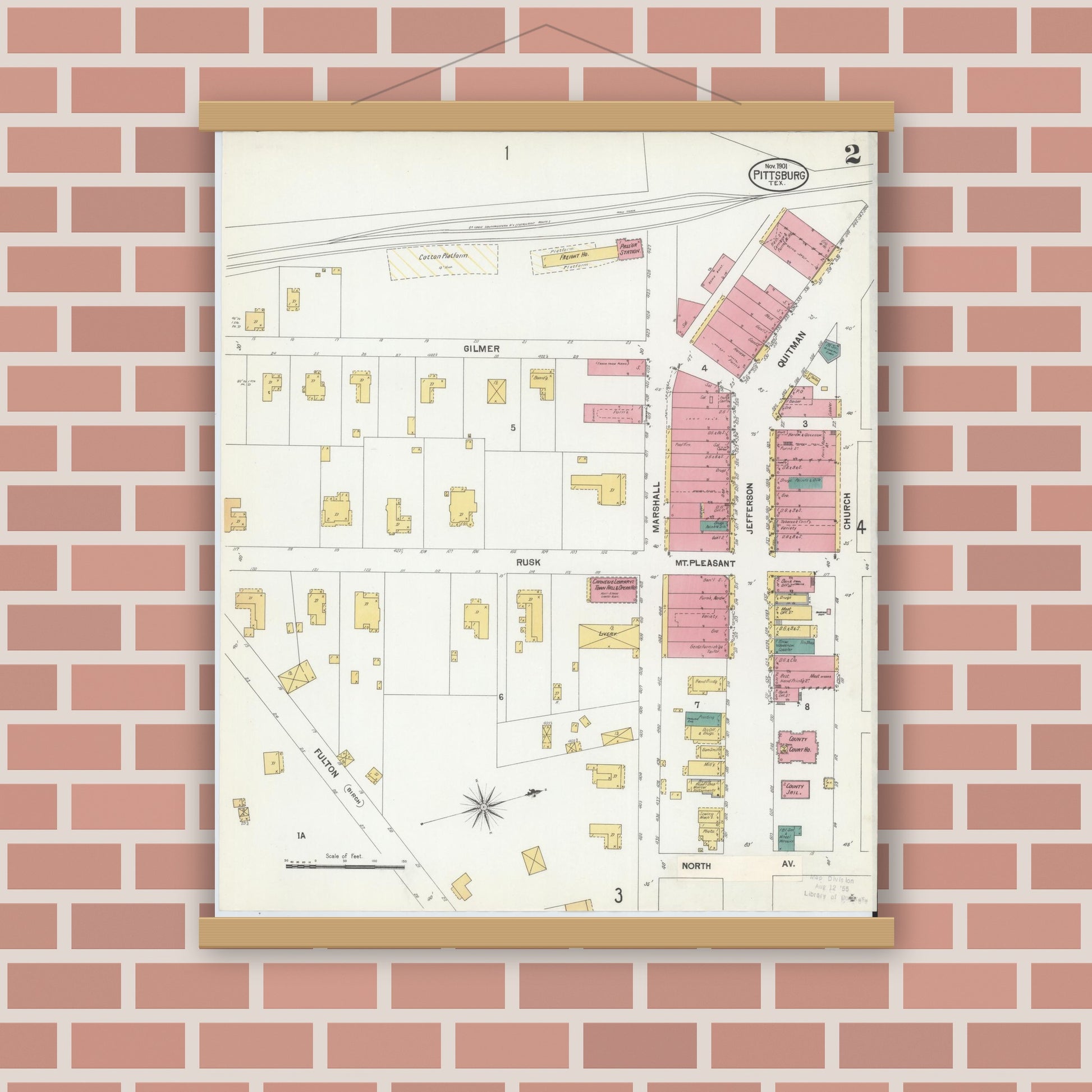 Old map wall art mockup — magnetic wood frame on brick wall — Sanborn Fire Insurance Map from Pittsburg, Camp County, Texas (1901), Sheet #0002