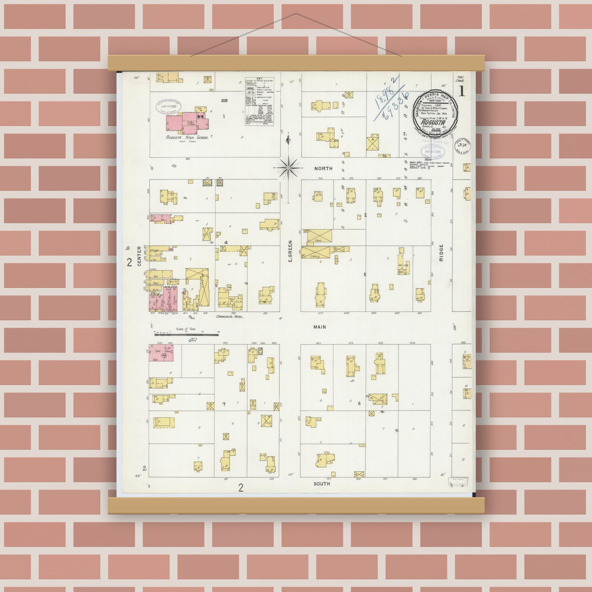 Old map wall art mockup — magnetic wood frame on brick wall — Sanborn Fire Insurance Map from Augusta, Hancock County, Illinois (1898), Sheet #0001
