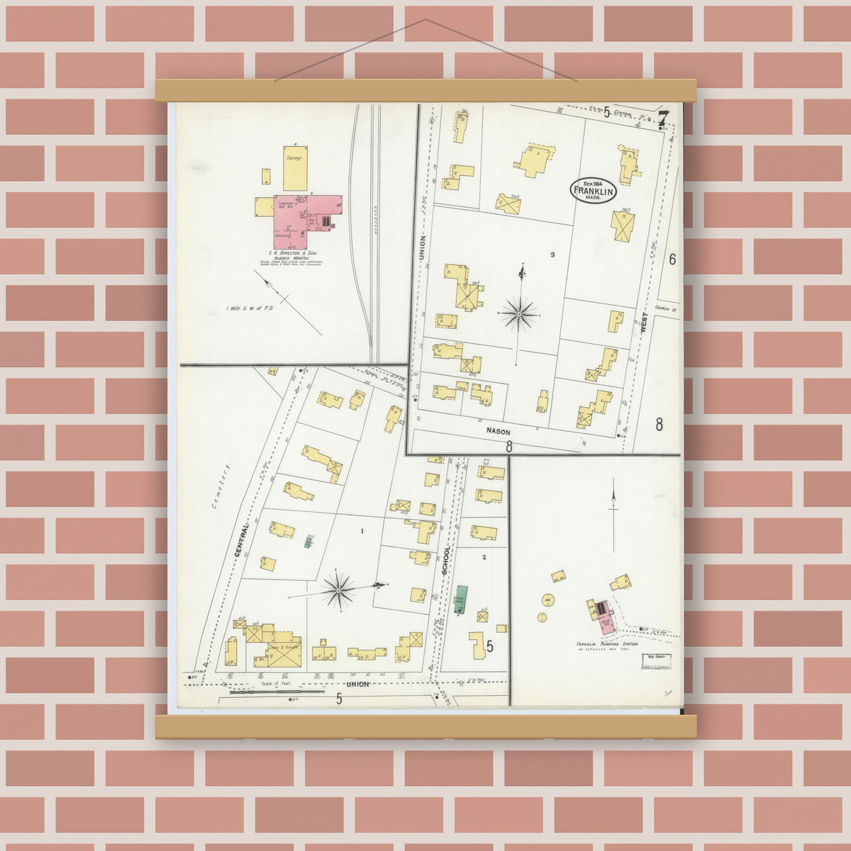 Old map wall art mockup — magnetic wood frame on brick wall — Sanborn Fire Insurance Map from Franklin, Norfolk County, Massachusetts (1904), Sheet #0007