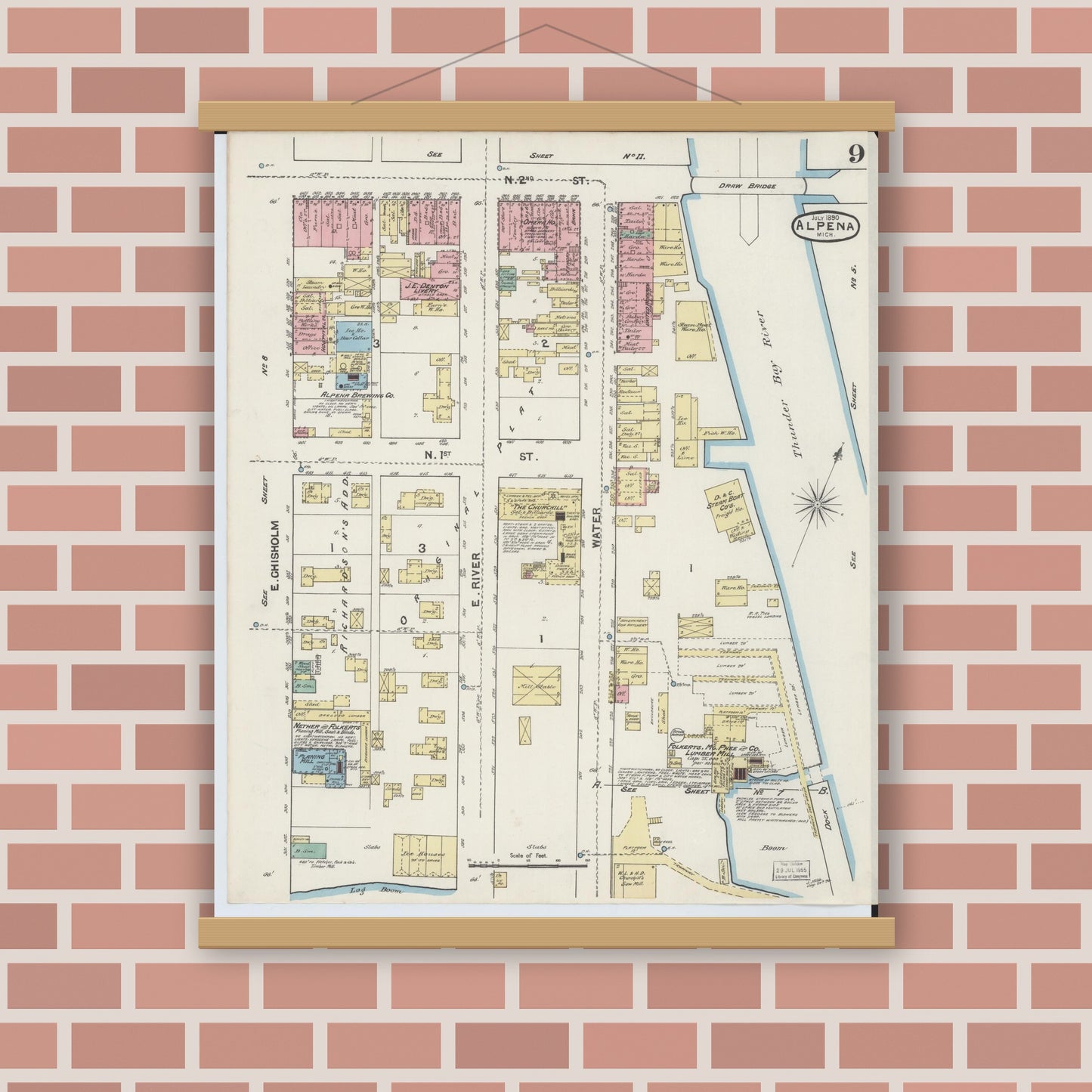 Old map wall art mockup — magnetic wood frame on brick wall — Sanborn Fire Insurance Map from Alpena, Alpena County, Michigan (1890), Sheet #0009