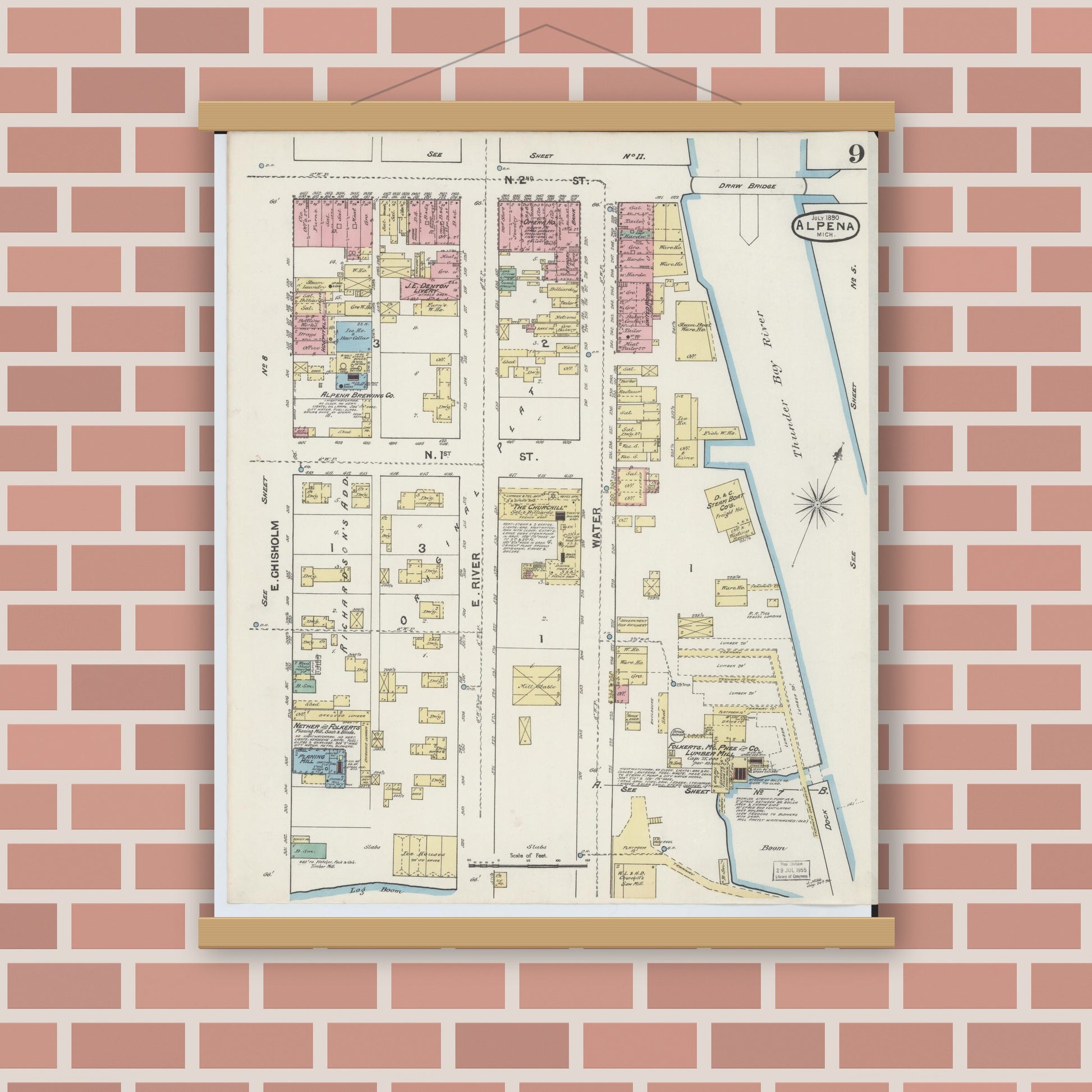 Old map wall art mockup — magnetic wood frame on brick wall — Sanborn Fire Insurance Map from Alpena, Alpena County, Michigan (1890), Sheet #0009