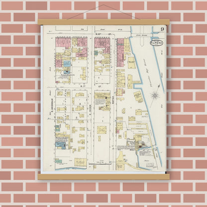 Old map wall art mockup — magnetic wood frame on brick wall — Sanborn Fire Insurance Map from Alpena, Alpena County, Michigan (1890), Sheet #0009