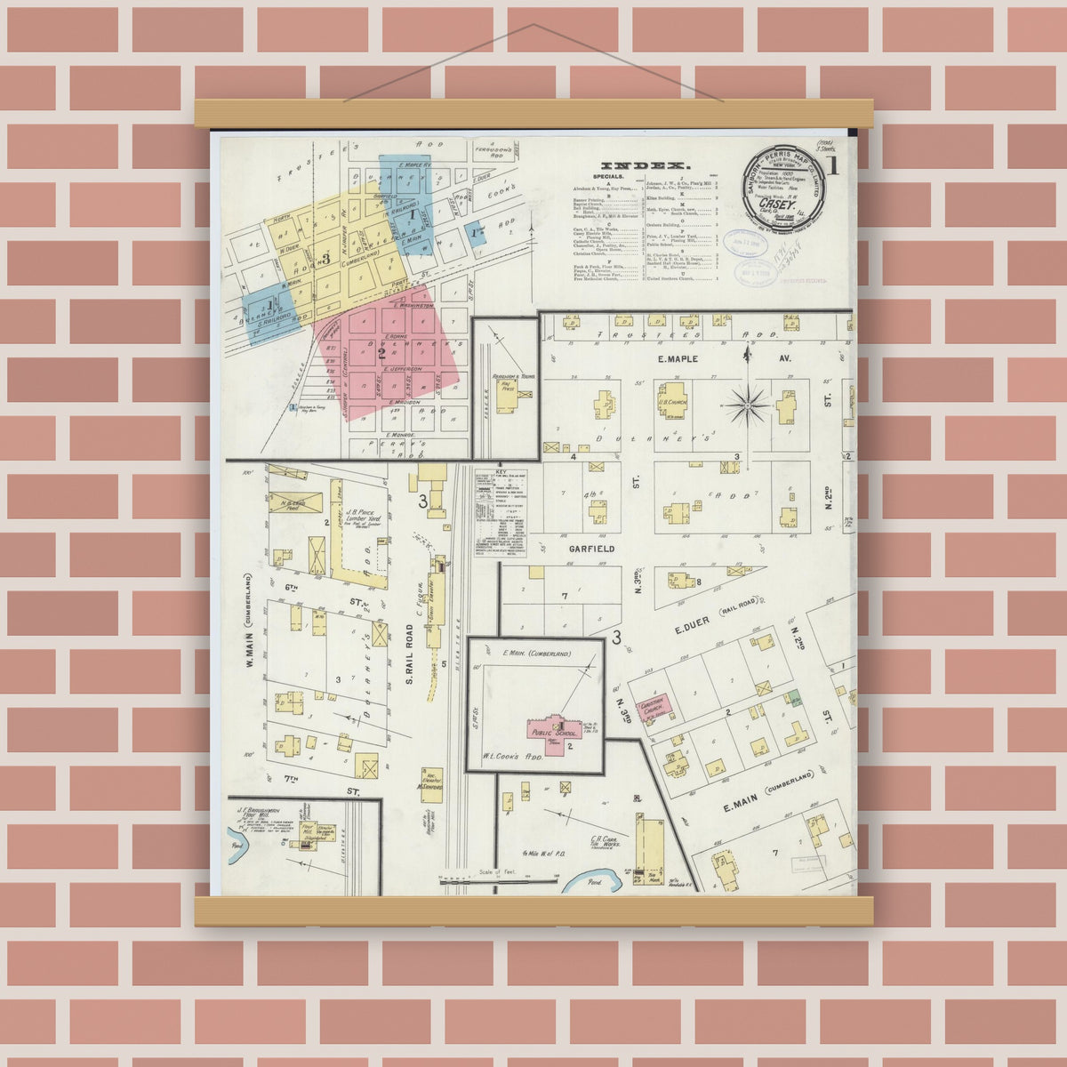 Old map wall art mockup — magnetic wood frame on brick wall — Sanborn Fire Insurance Map from Casey, Clark County, Illinois (1898) - Complete Map Set