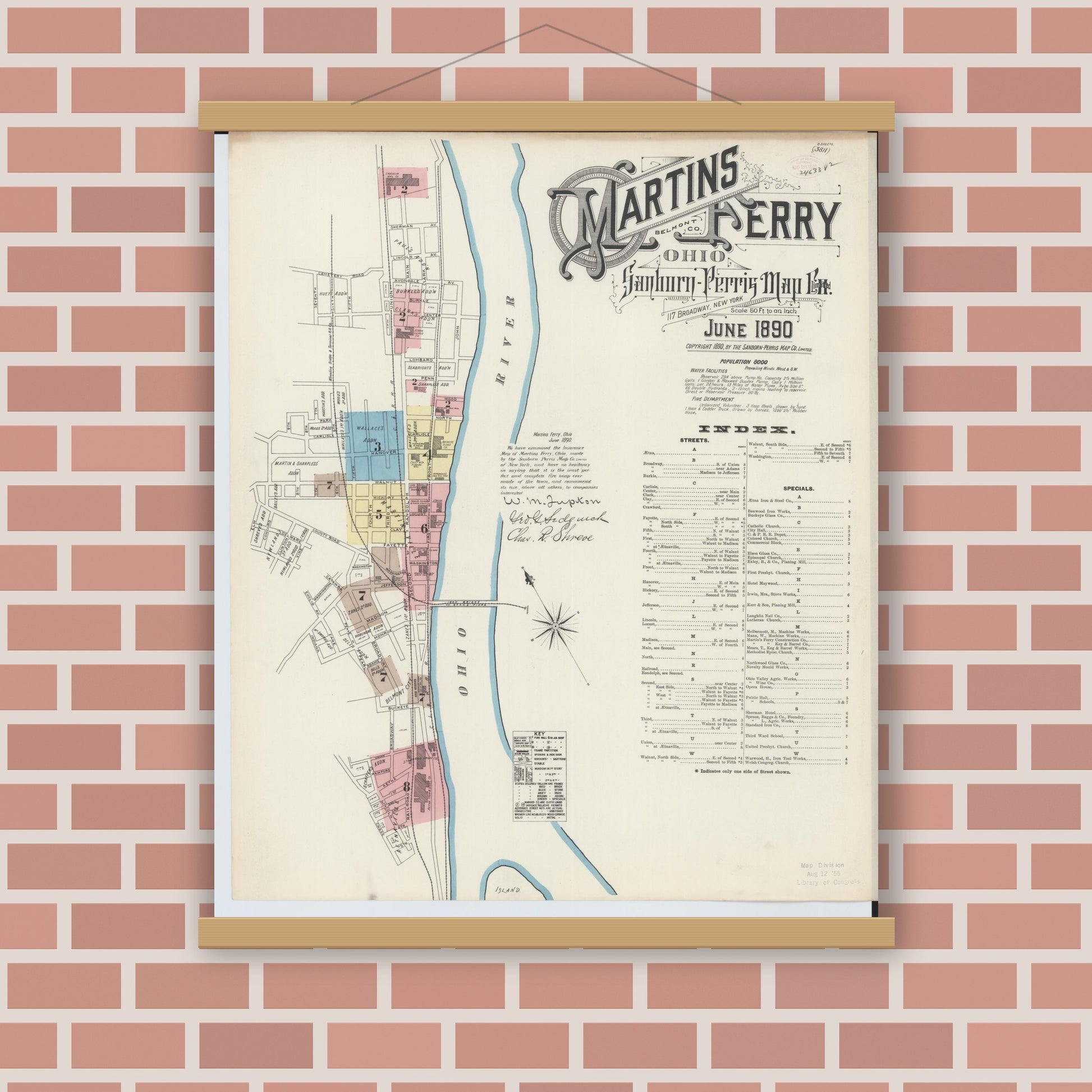 Old map wall art mockup — magnetic wood frame on brick wall — Sanborn Fire Insurance Map from Martins Ferry, Belmont County, Ohio (1890) - Complete Map Set