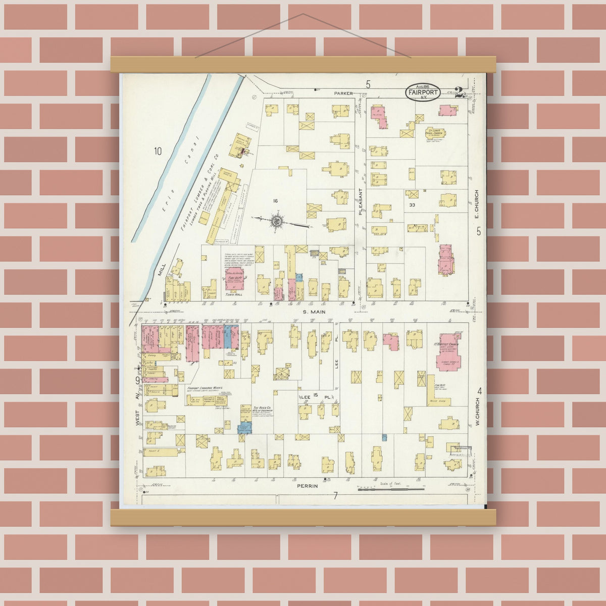 Old map wall art mockup — magnetic wood frame on brick wall — Sanborn Fire Insurance Map from Fairport, Monroe County, New York (1915), Sheet #0002
