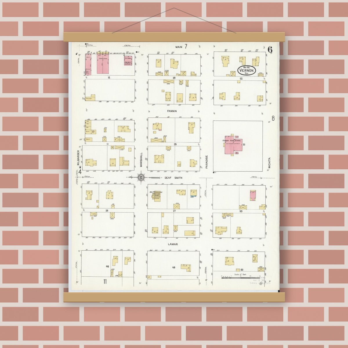 Old map wall art mockup — magnetic wood frame on brick wall — Sanborn Fire Insurance Map from Vernon, Wilbarger County, Texas (1912), Sheet #0006