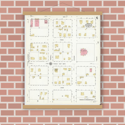 Old map wall art mockup — magnetic wood frame on brick wall — Sanborn Fire Insurance Map from Vernon, Wilbarger County, Texas (1912), Sheet #0006