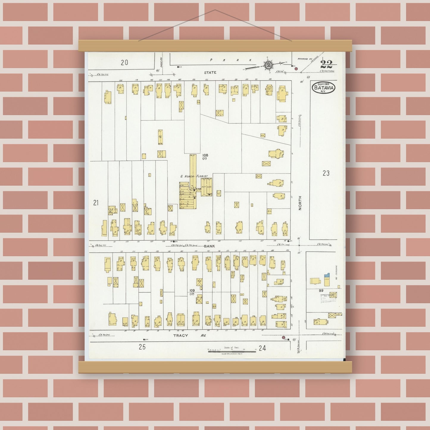 Old map wall art mockup — magnetic wood frame on brick wall — Sanborn Fire Insurance Map from Batavia, Genesee County, New York (1919), Sheet #0022
