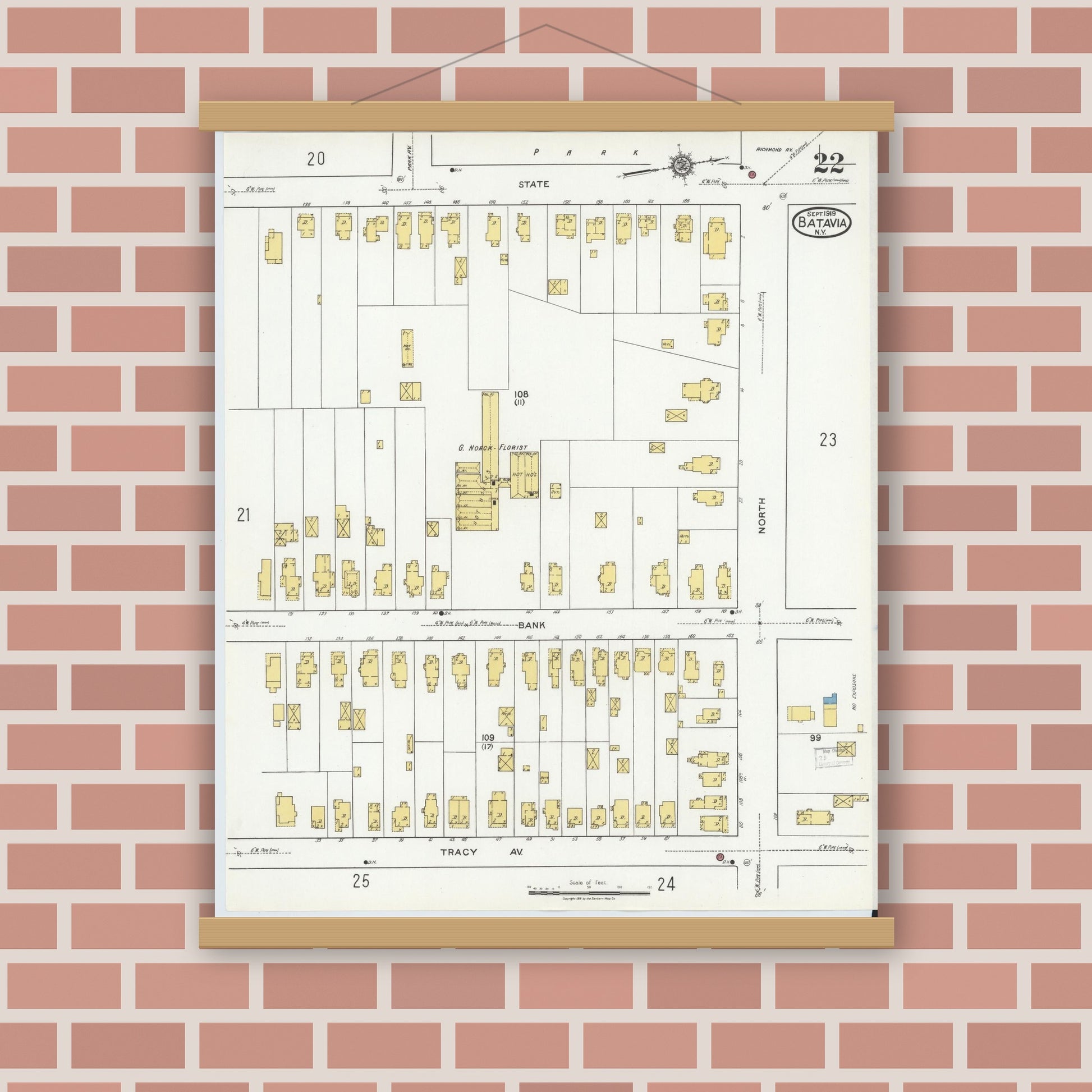 Old map wall art mockup — magnetic wood frame on brick wall — Sanborn Fire Insurance Map from Batavia, Genesee County, New York (1919), Sheet #0022