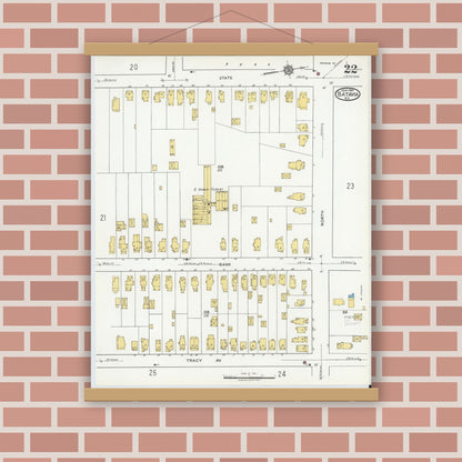Old map wall art mockup — magnetic wood frame on brick wall — Sanborn Fire Insurance Map from Batavia, Genesee County, New York (1919), Sheet #0022
