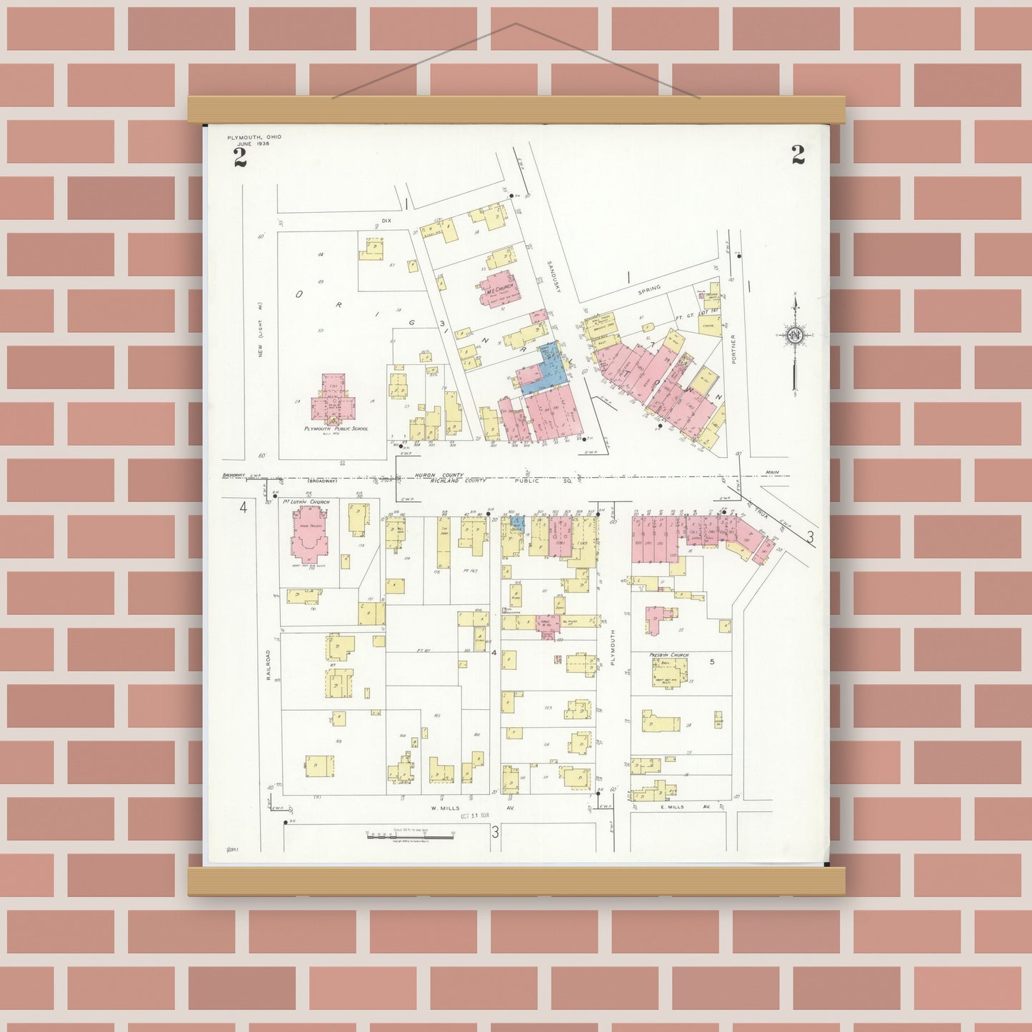 Old map wall art mockup — magnetic wood frame on brick wall — Sanborn Fire Insurance Map from Plymouth, Huron And Richland Counties, Ohio (1938), Sheet #0002