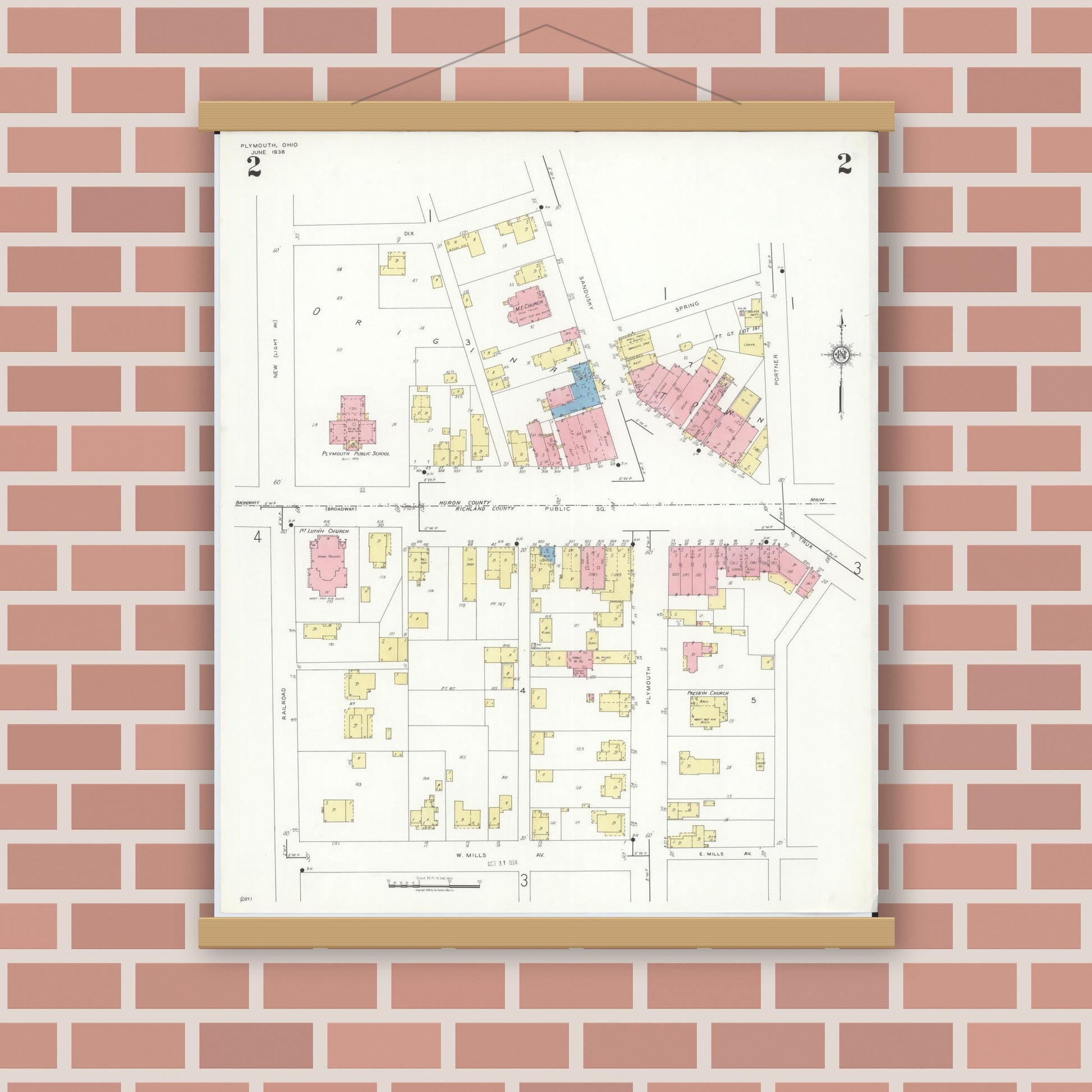 Old map wall art mockup — magnetic wood frame on brick wall — Sanborn Fire Insurance Map from Plymouth, Huron And Richland Counties, Ohio (1938), Sheet #0002