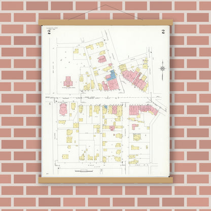 Old map wall art mockup — magnetic wood frame on brick wall — Sanborn Fire Insurance Map from Plymouth, Huron And Richland Counties, Ohio (1938), Sheet #0002